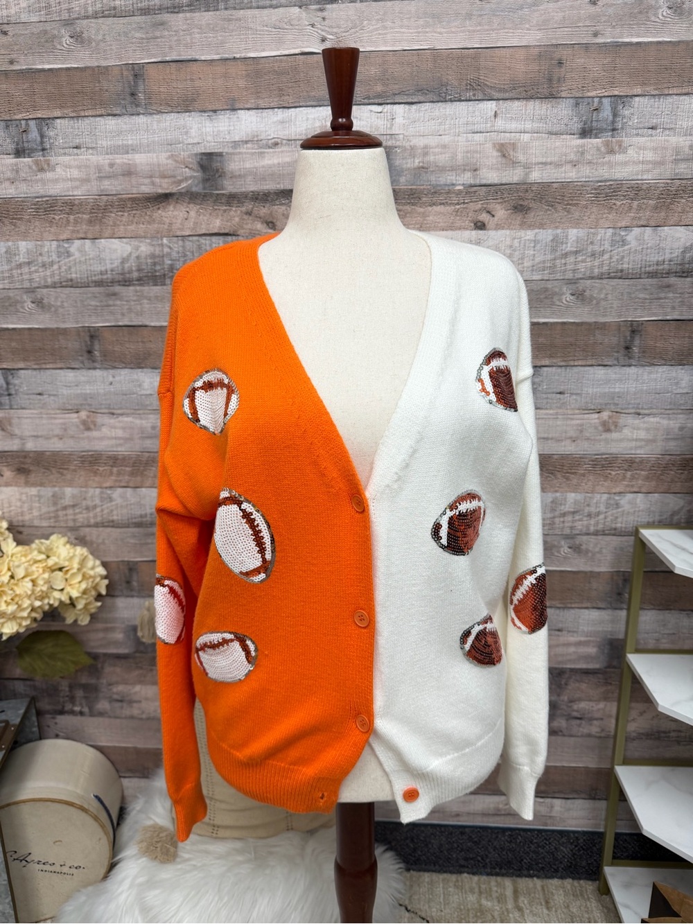 Two-Tone Orange and Ivory Football Motif Women's Cardigan
